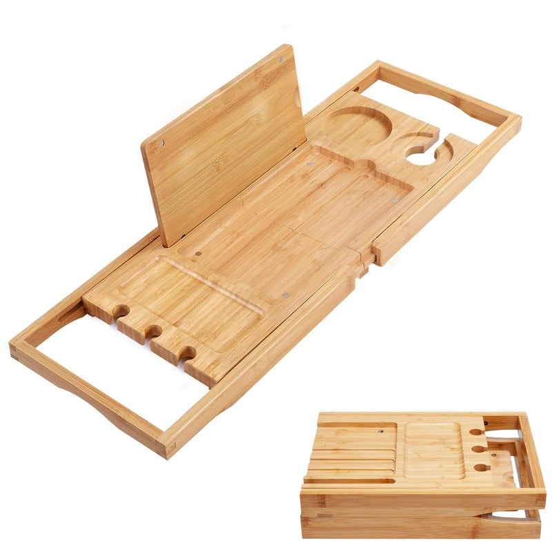 Utoplike Bamboo Bathtub Caddy Tray Bath Tray for Tub, Adjustable Bathroom Bathtub Organizer with Book Tablet Wine Glass Cup Towel Holder (24.5"-37.4") - Image 1